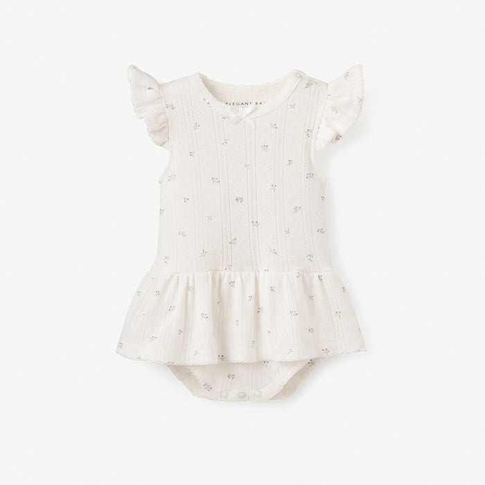 White Floral Organic Cotton Pointelle Baby Bubble Romper