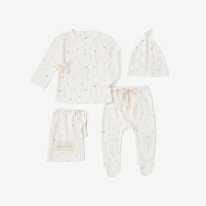 White Floral Organic Cotton Pointelle Layette 3 Pc Gift Set