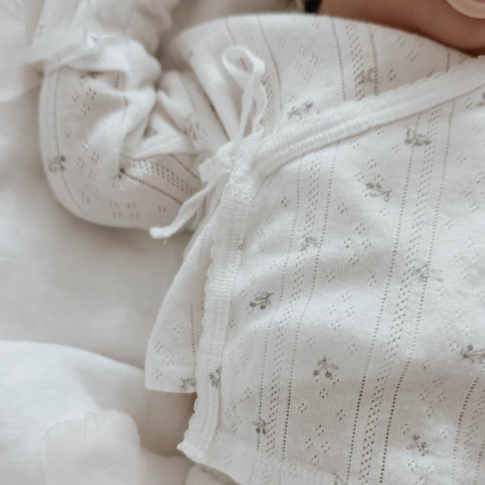 White Floral Organic Cotton Pointelle Layette 3 Pc Gift Set