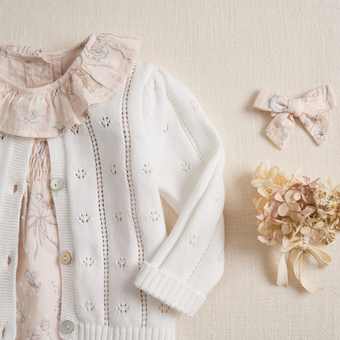 White Pointelle Knit Baby Cardigan