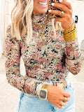 White Retro Floral Print Mock Neck Mesh Long Sleeve Top