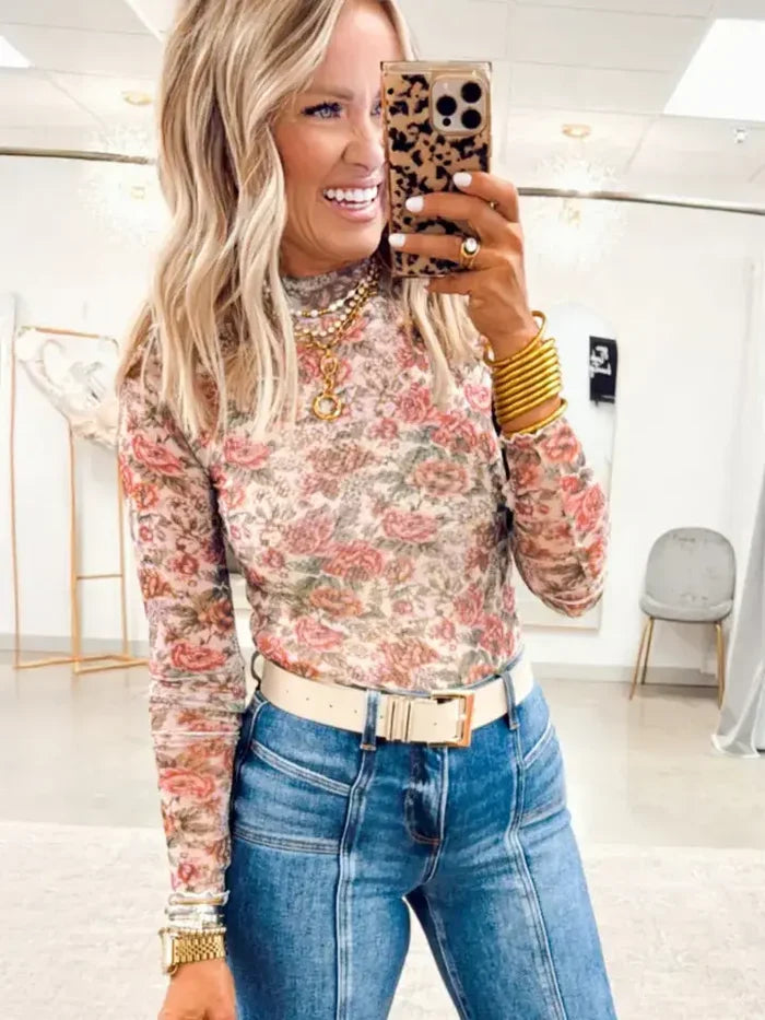 White Retro Floral Print Mock Neck Mesh Long Sleeve Top