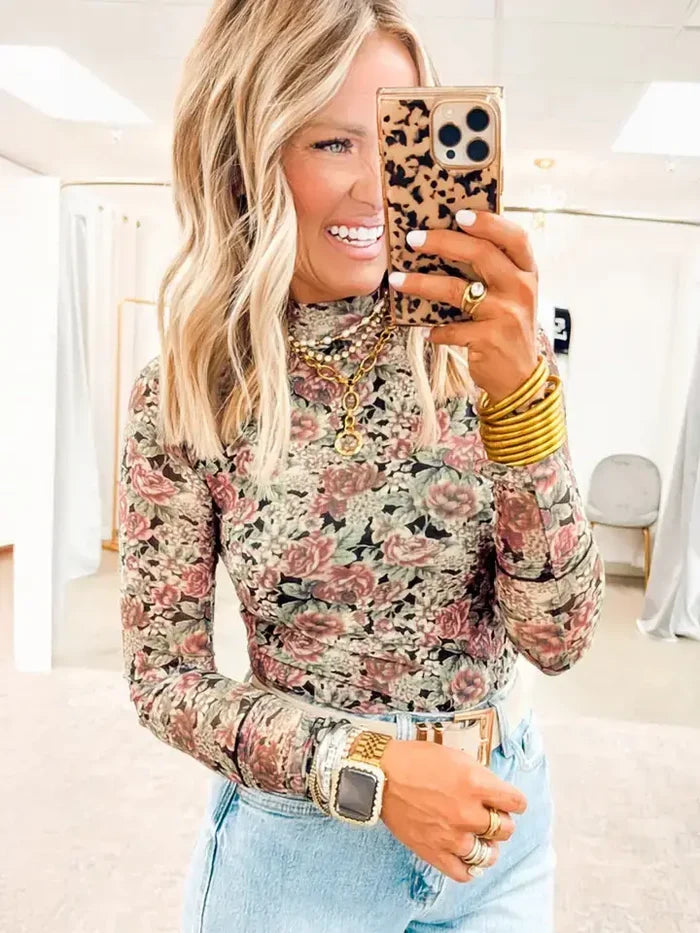 White Retro Floral Print Mock Neck Mesh Long Sleeve Top