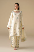 Willow Cream White 3-piece Cotton Sateen casual outfit with floral embroidered shirt, culotte and Net dupatta