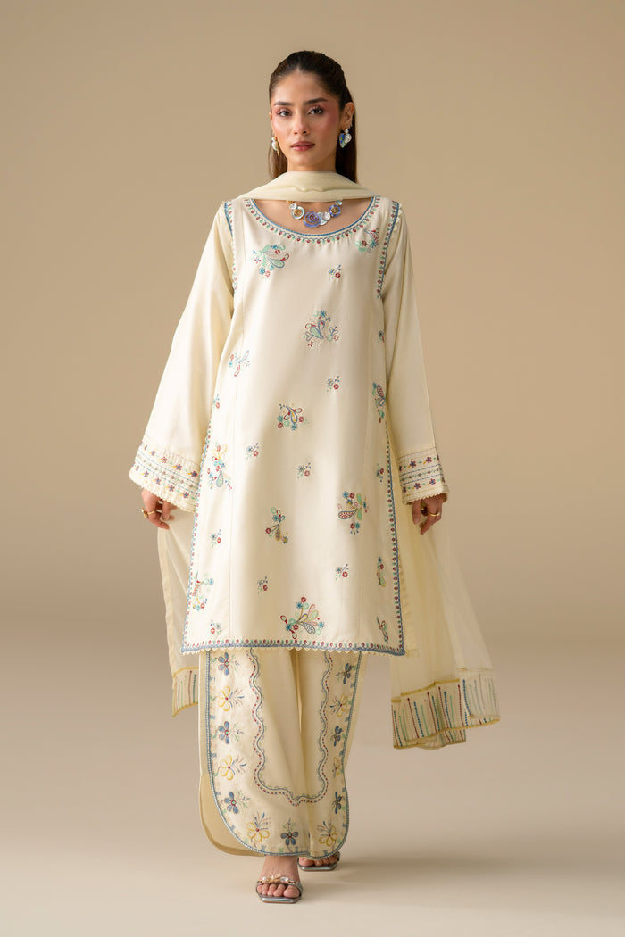 Willow Cream White 3-piece Cotton Sateen casual outfit with floral embroidered shirt, culotte and Net dupatta