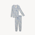 An ivory women's magnetic long-sleeve pajama top and jogger pants set featuring an all-over Hanukkah print with blue menorahs and dreidels, by Magnetic Me.