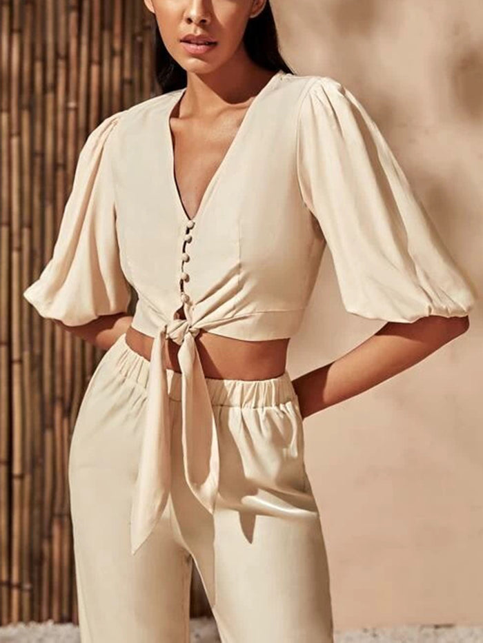 Women's Neckline Knotted Crop Top and Loose Trouser Suits