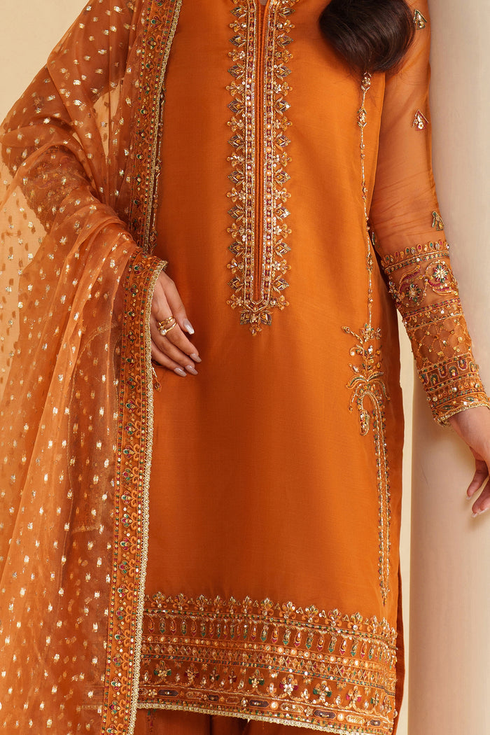Close-up of NAQSHI burnt orange formal dress showing detailed embroidery on front and dupatta with premium stitched quality