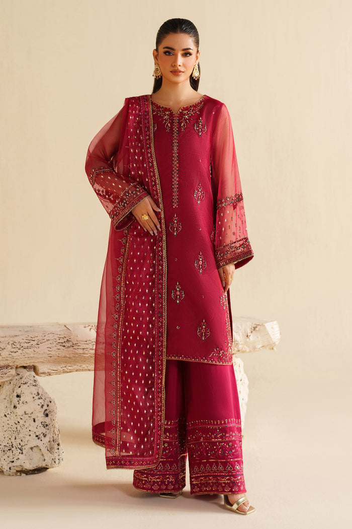 NAQSHI deep red ready-to-wear formal dress with detailed embroidery and straight long cut, styled for party and festive events
