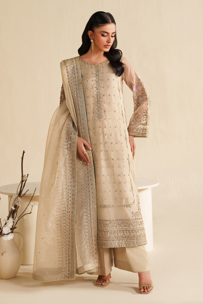 NAQSHI ivory beige ready-to-wear formal dress with soft embroidery and sheer dupatta, designed for elegant events and celebrations