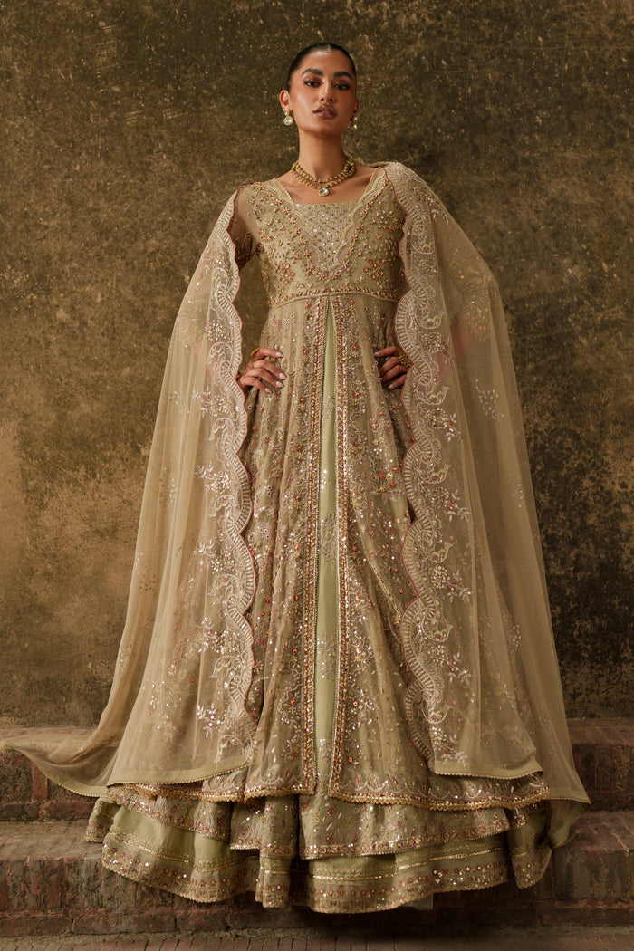 Yunra sand brown layered evening maxi front view with fitted Net bodice and wide flare.