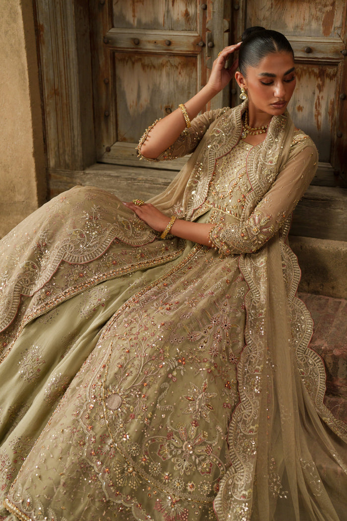 Yunra sand brown formal maxi full-length view with embroidered bodice and flowing layered skirt.