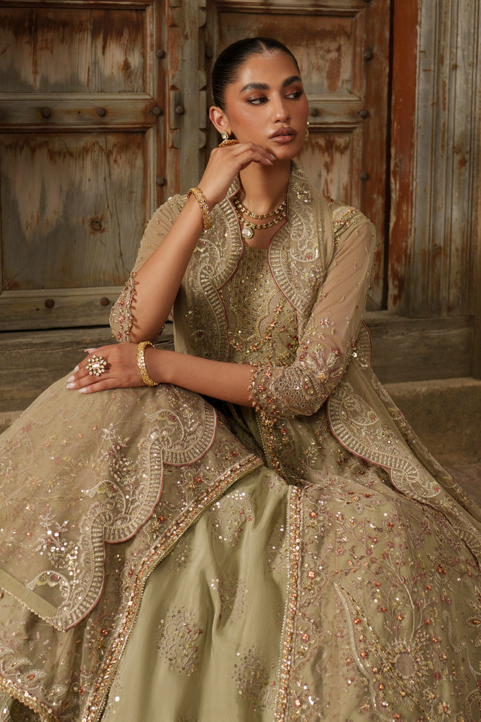 Yunra sand brown evening maxi portrait highlighting stylized V-neckline and embellished Net bodice.