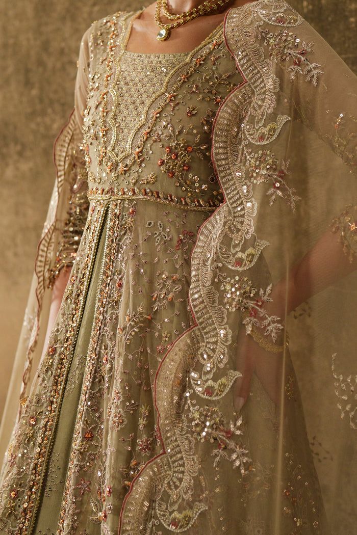 Yunra sand brown layered maxi close-up showing embroidery, sequins and fitted sleeve detailing.