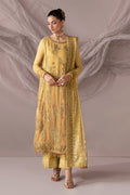 Zahwa golden 3-piece semi-formal outfit with embroidered Crinkle shirt, digital print inner, PK Raw Silk culotte and Net dupatta in a full front view.