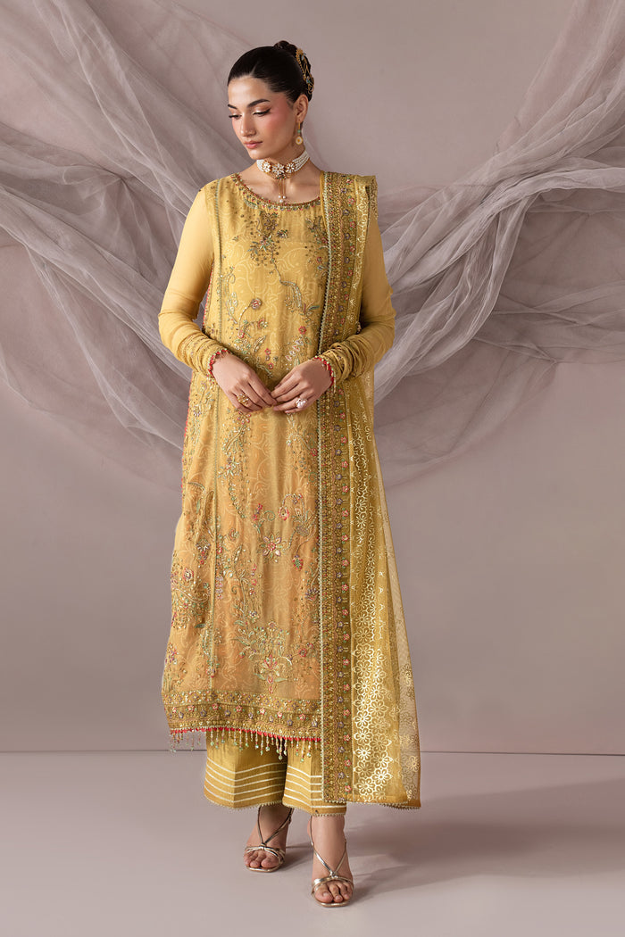 Zahwa golden 3-piece semi-formal outfit with embroidered Crinkle shirt, digital print inner, PK Raw Silk culotte and Net dupatta in a full front view.