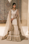 Zaleena honey beige Nikkah bridal dress by NAQSHI, full front view with organza embroidered shirt, layered jipsi gharara, net dupatta and matching pouch, ready to wear 4-piece formal wedding outfit.