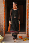 Zarim black and orange semi formal dress in crinkle fabric with embellished long shirt, PK raw silk culottes and contrast dupatta