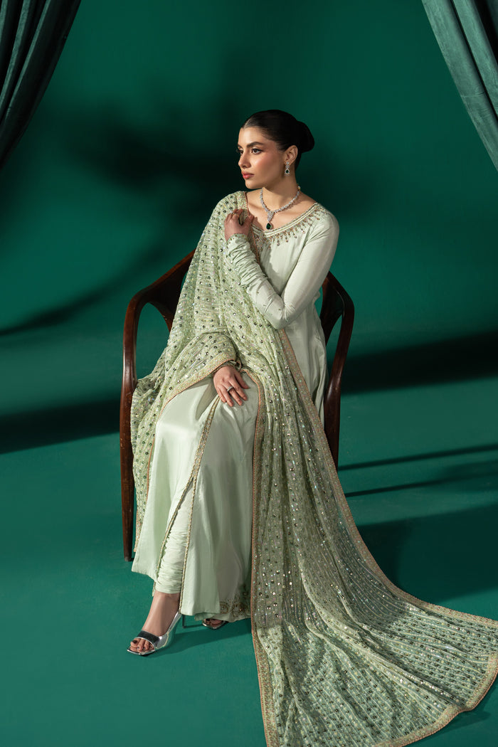 Full-length view of Zarqand highlighting the flowing frock silhouette, churidar pajama and embroidered Net dupatta with border detailing.
