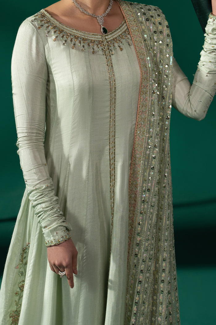 Close-up of Zarqand showing the boat neckline, front adda work, embroidered sleeve and detailed pistachio frock finish.