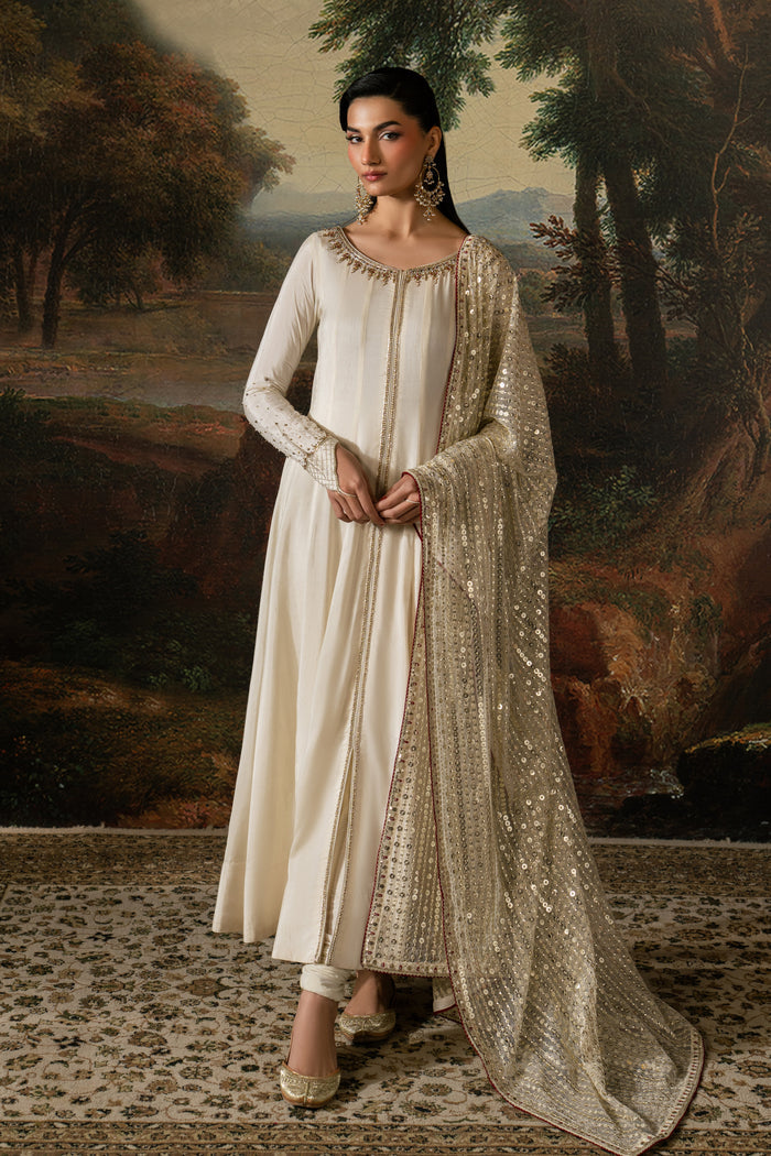Zarsanga off-white 3-piece semi-formal outfit with Indian Raw Silk frock, PK Raw Silk churidar pajama and embroidered Net dupatta in a full front view.