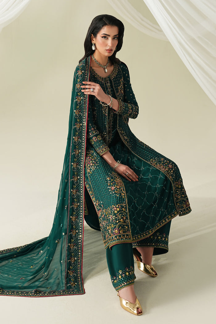 Bottle green formal 3 piece outfit with embroidered gown, PK raw silk culotte, and bordered dupatta, complete event wear look.