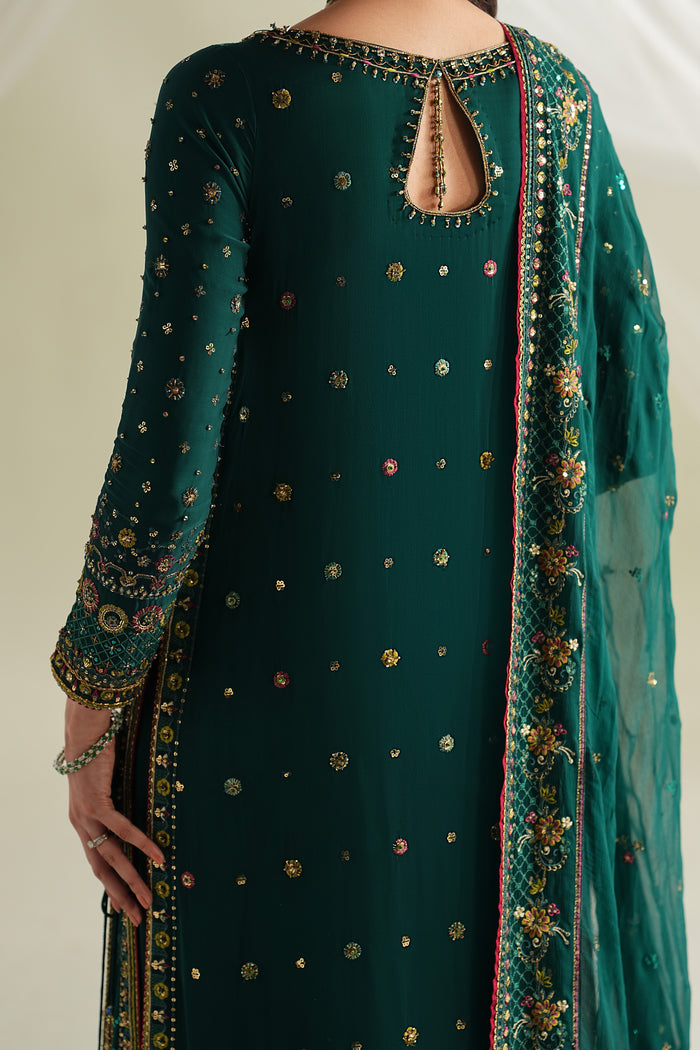 Bottle green formal ready-to-wear gown with culotte and dupatta, back side view showing clean fall and elegant styling.