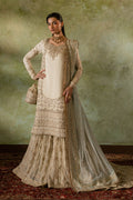 Zemira beige and peach Nikkah bridal outfit by NAQSHI, full front view with raw silk embroidered shirt, farshi gharara, net dupatta and matching pouch, ready to wear 4-piece formal wedding dress.