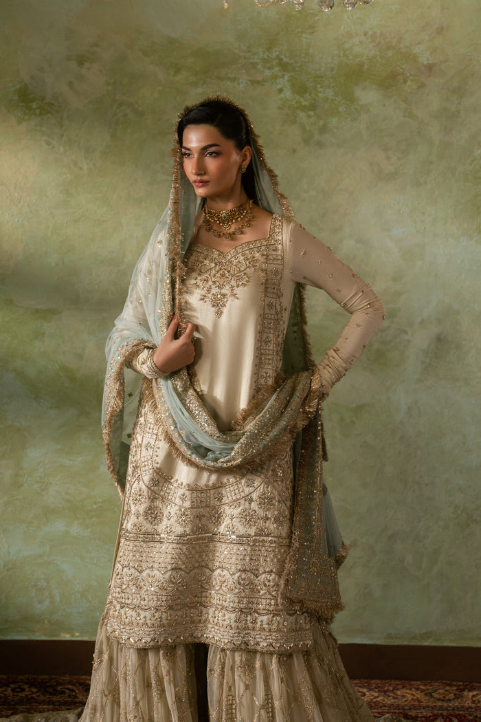 Front styling pose of Zemira Nikkah gharara suit showing neat shirt cut, detailed borders and complete formal bridal ready to wear look.