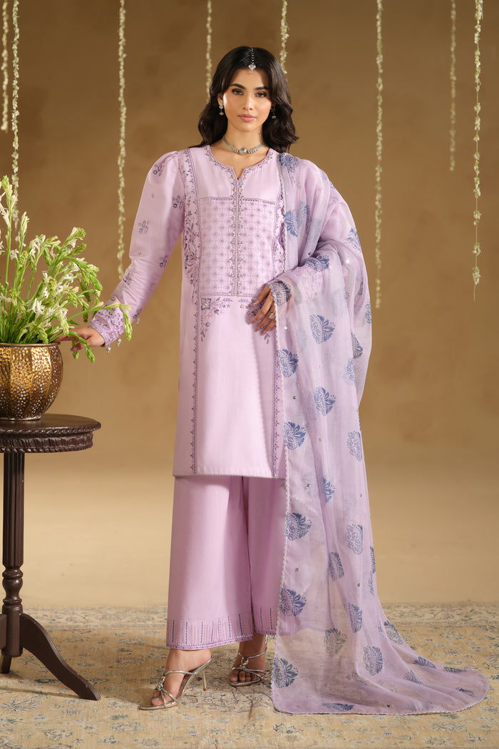 Zimda 3 piece ready to wear Eid outfit in light purple Pima lawn embroidered shirt with cambric culottes and printed cotton net dupatta – full front look