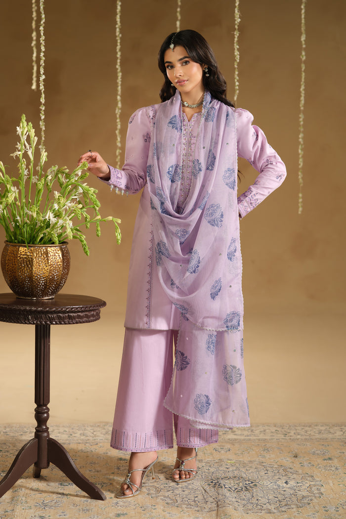 Front standing view of Zimda ready to wear outfit highlighting detailed front panel embroidery and puff sleeves