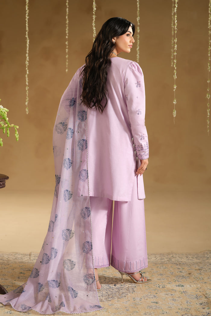 Back drape view of Zimda 3 piece dress showing flowing printed dupatta and clean shirt fall
