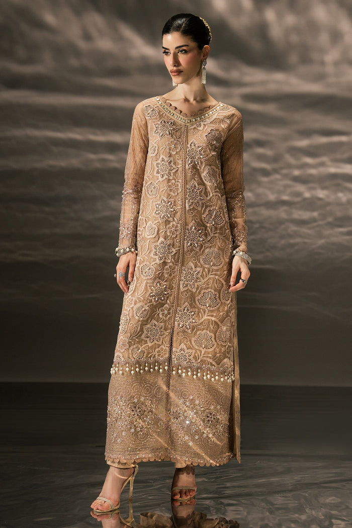 Zita vanilla brown 2-piece evening wear with embroidered Organza straight shirt and wide PK Raw Silk flare pants in a full front view.