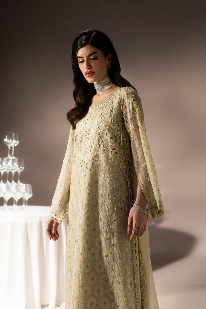 Three-quarter view of Zivah showing the light sage green Line Organza shirt, long wide sleeves and straight pants.