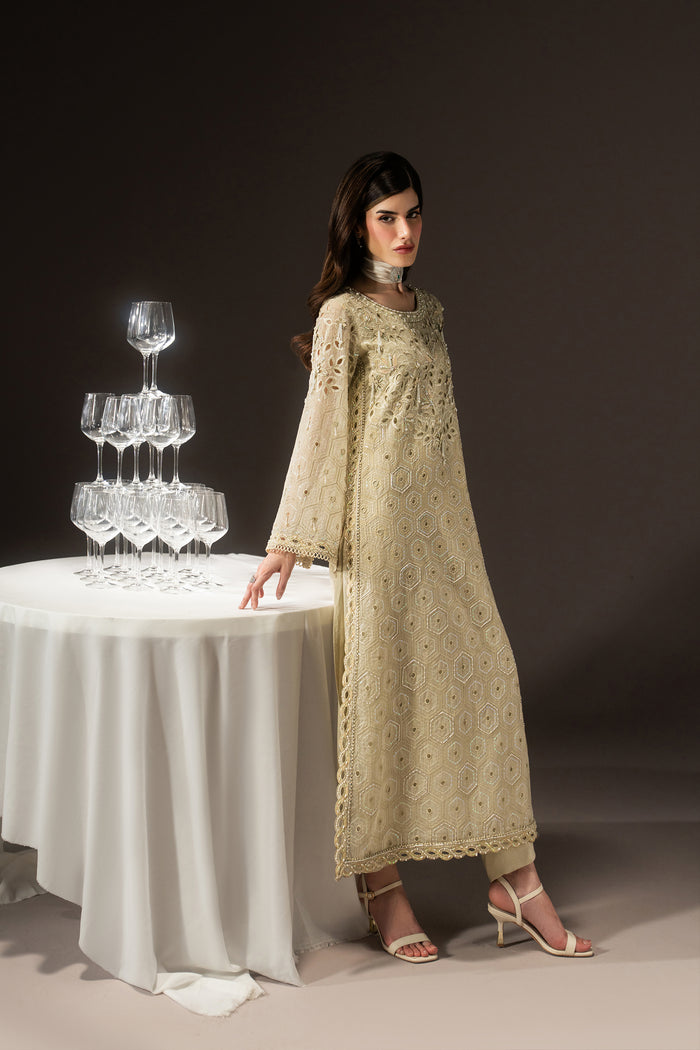Full-length side view of Zivah highlighting the flowing Organza shirt, side slit and coordinated PK Raw Silk pants.