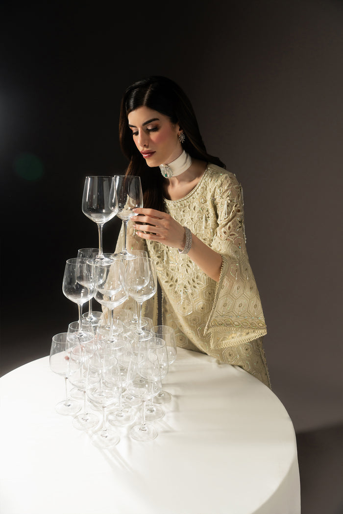 Seated view of Zivah light sage green evening wear showing the flowing shirt silhouette and delicate embellishment.