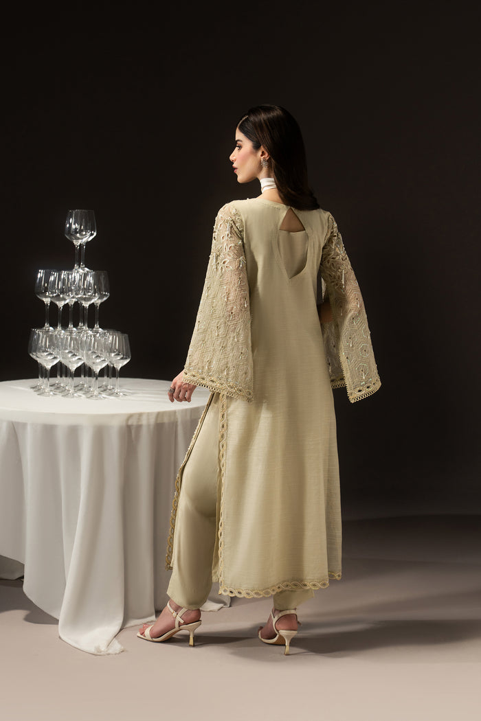 Back view of Zivah showing the long light sage green Organza shirt, relaxed fall and straight PK Raw Silk pants.