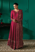Zoraida shocking pink 3-piece semi-formal outfit in a full front view, featuring an embellished Indian Raw Silk frock and embroidered Net dupatta.