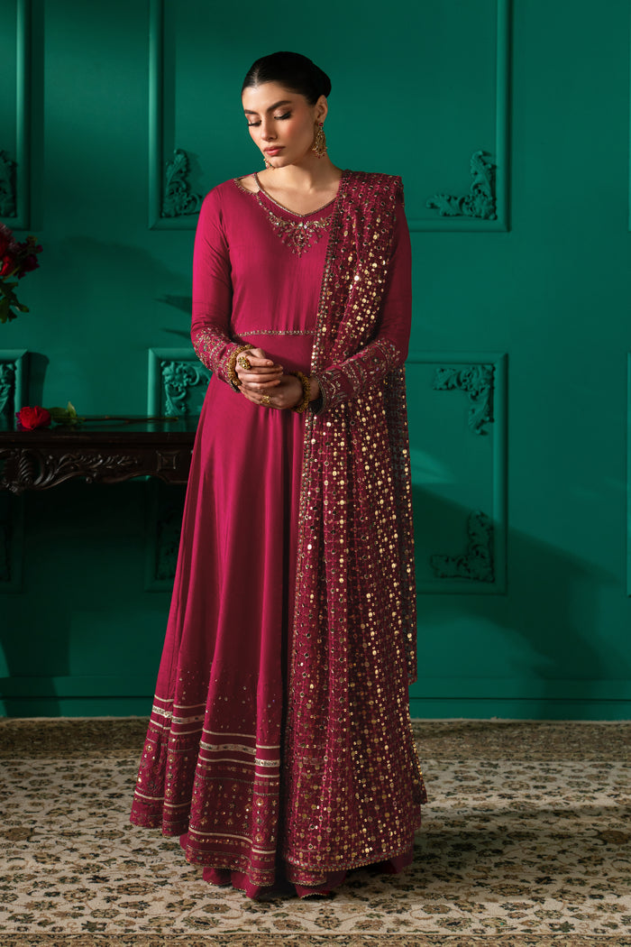 Zoraida shocking pink 3-piece semi-formal outfit in a full front view, featuring an embellished Indian Raw Silk frock and embroidered Net dupatta.
