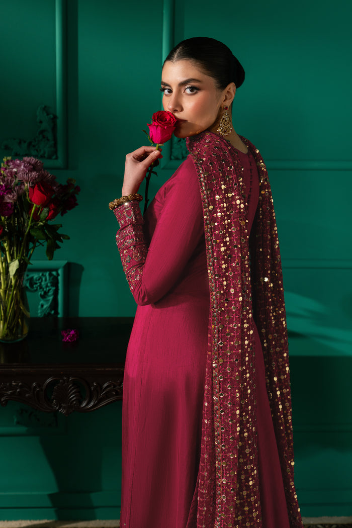 Three-quarter close view of Zoraida highlighting the styled neckline, pure adda work, embroidered sleeves and sequin detailing.