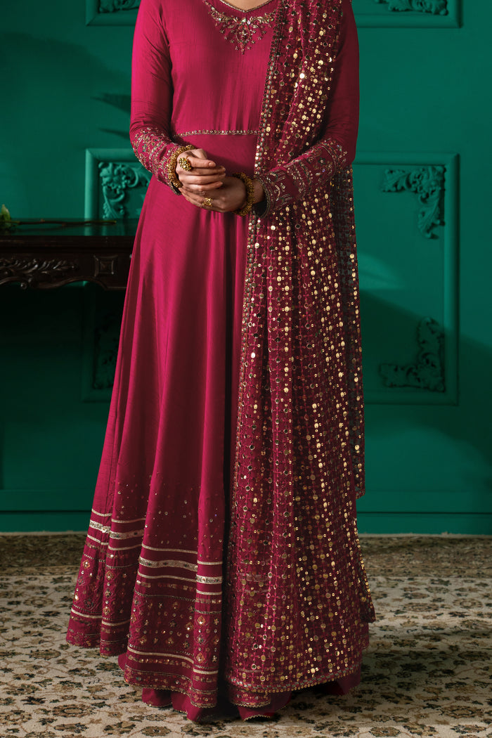 Close-up of Zoraida highlighting machine embroidery, sequins, adda work, gotti lace and detailed lower frock border.