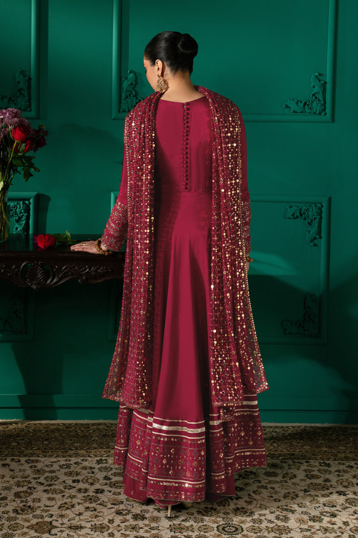 Back view of Zoraida showing the buttoned back, full sleeves, wide-flare frock and flowing embroidered Net dupatta.